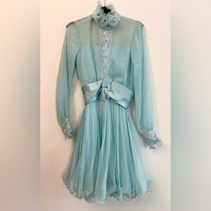 Vintage Miss Elliette Powder Blue Pleated Chiffon Lace Waist detailed Dress
